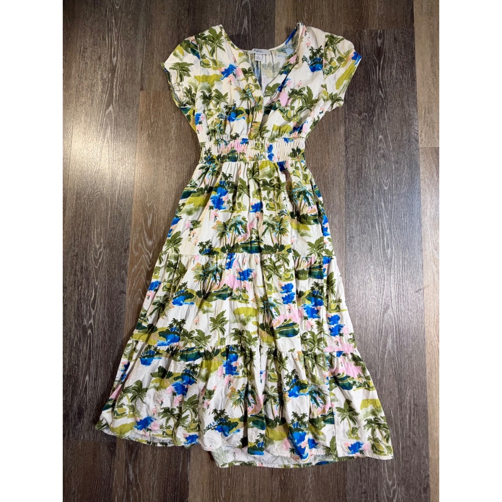 C by One Tiered Midi Dress Women XS White Tropical Palm Tree Smocked Waist